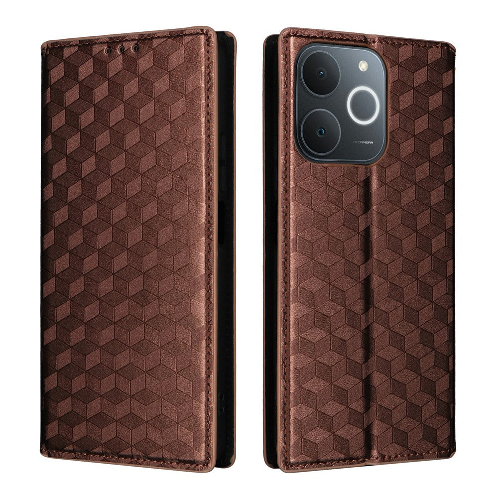 Leather-Case-for-Realme-Note-70T-4G-/-Note-70-4G-/-Narzo-80-Lite-4G-/-Realme-C71-4G-(India)-Wallet-Rhombus-Imprinted-Phone-Cover-Brown