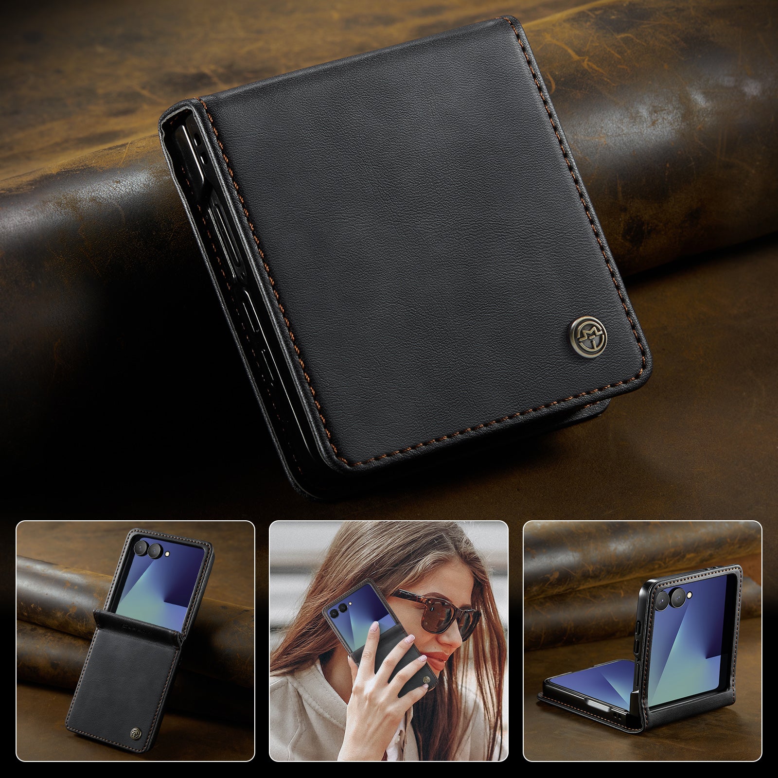 For-Samsung-Galaxy-Z-Flip7-5G-Case-CASEME-033-Series-RFID-Blocking-Wallet-Stand-Calf-Texture-Leather-Phone-Cover-Black