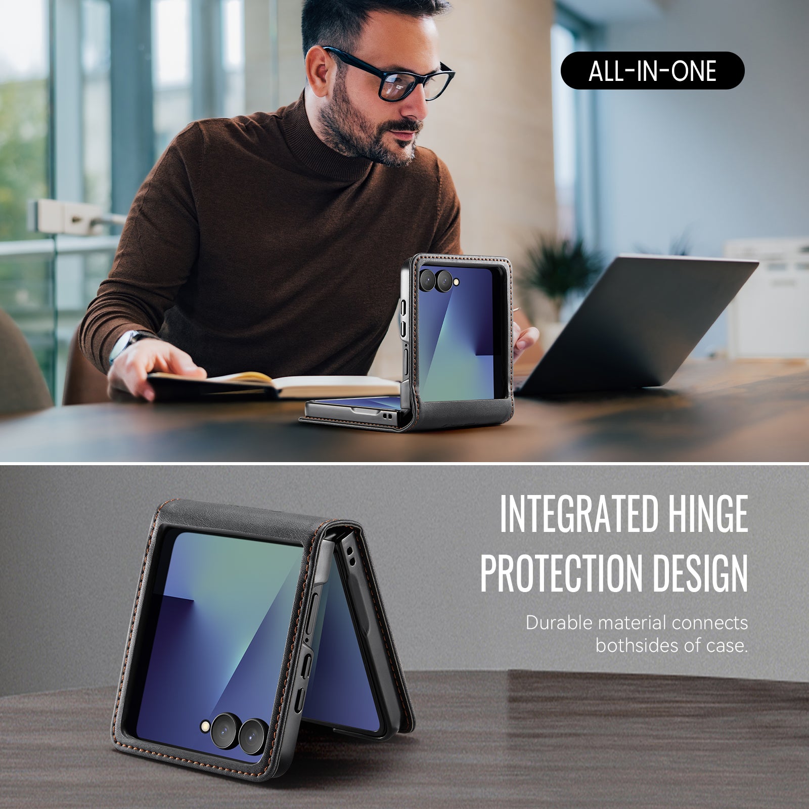 For-Samsung-Galaxy-Z-Flip7-5G-Case-CASEME-033-Series-RFID-Blocking-Wallet-Stand-Calf-Texture-Leather-Phone-Cover-Black