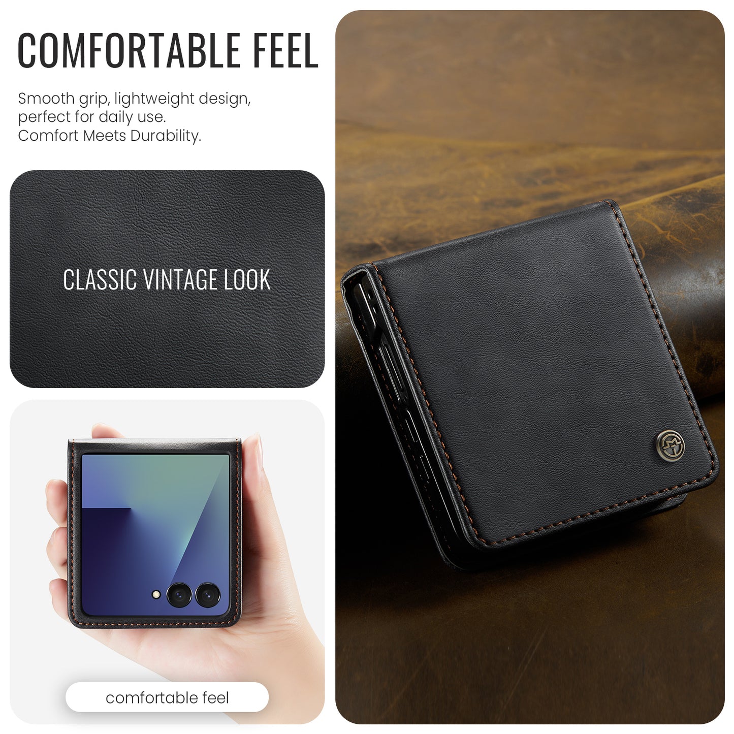 For-Samsung-Galaxy-Z-Flip7-5G-Case-CASEME-033-Series-RFID-Blocking-Wallet-Stand-Calf-Texture-Leather-Phone-Cover-Black