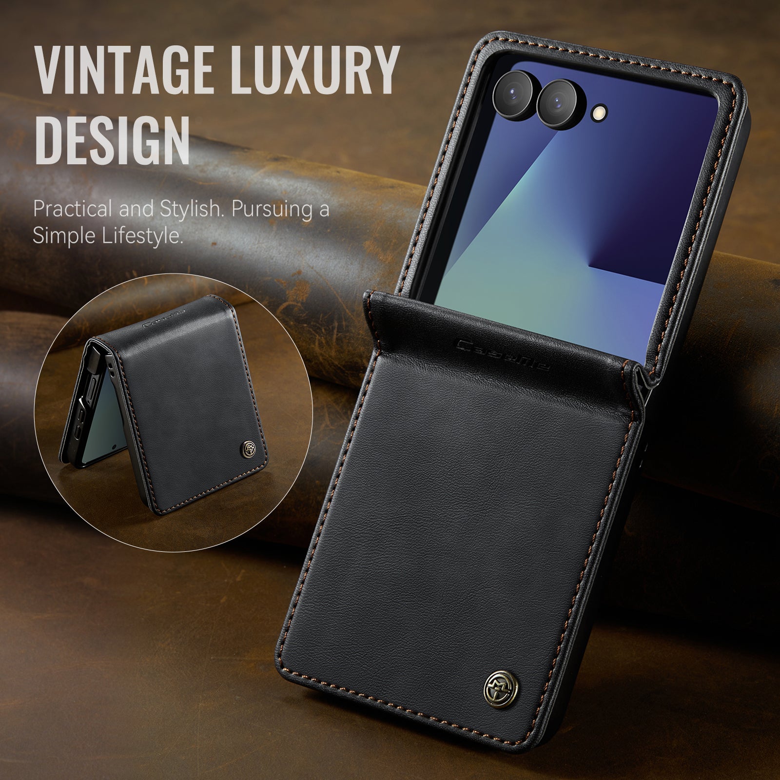 For-Samsung-Galaxy-Z-Flip7-5G-Case-CASEME-033-Series-RFID-Blocking-Wallet-Stand-Calf-Texture-Leather-Phone-Cover-Black