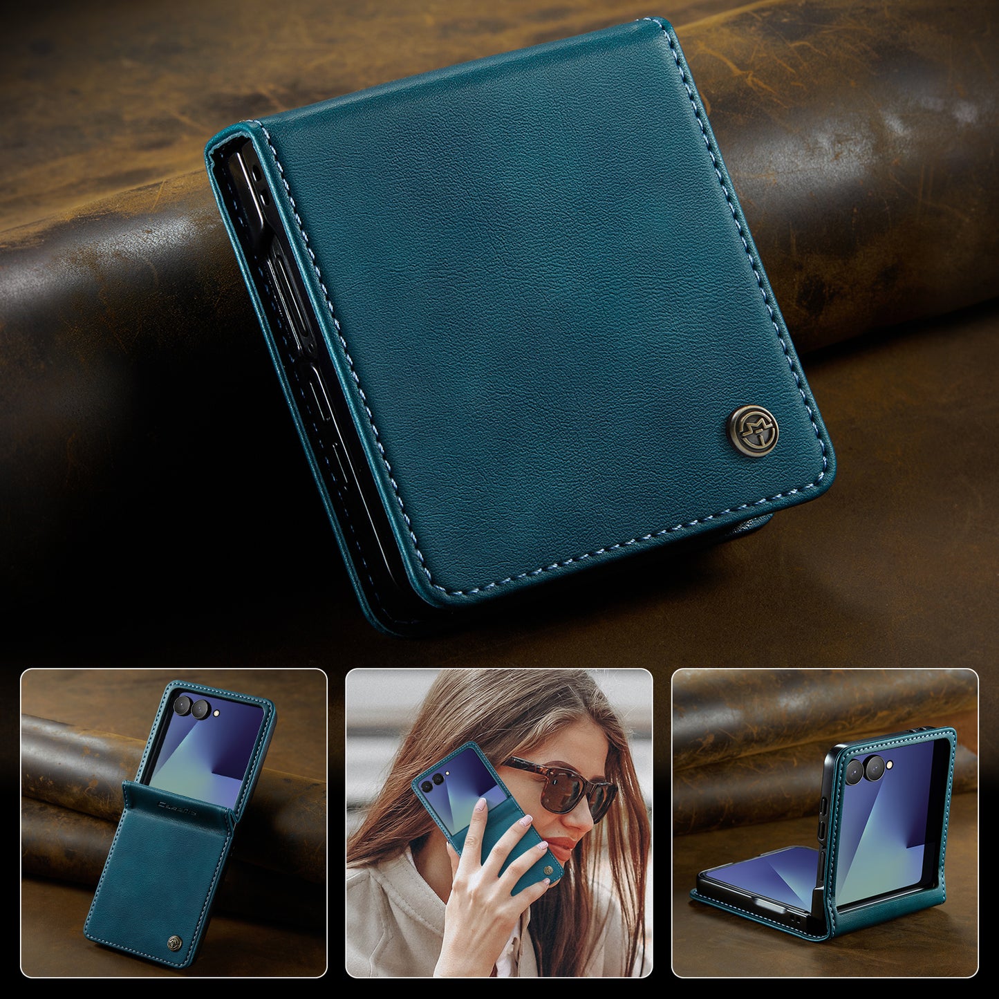 For-Samsung-Galaxy-Z-Flip7-5G-Case-CASEME-033-Series-RFID-Blocking-Wallet-Stand-Calf-Texture-Leather-Phone-Cover-Green
