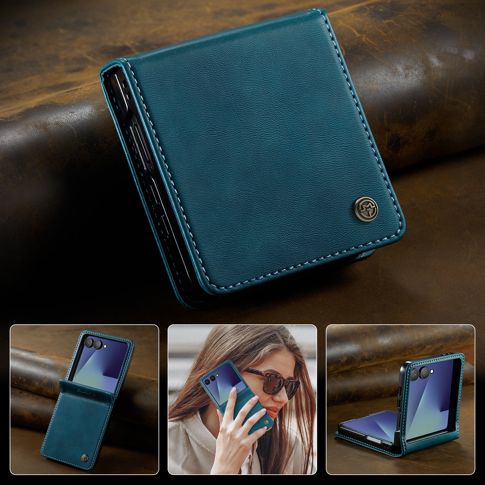 For-Samsung-Galaxy-Z-Flip7-5G-Case-CASEME-033-Series-RFID-Blocking-Wallet-Stand-Calf-Texture-Leather-Phone-Cover-Green