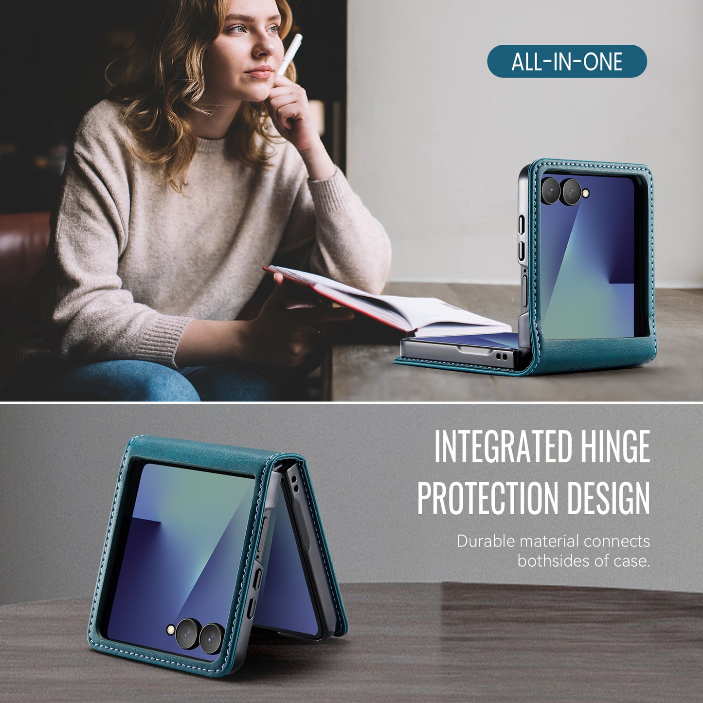 For-Samsung-Galaxy-Z-Flip7-5G-Case-CASEME-033-Series-RFID-Blocking-Wallet-Stand-Calf-Texture-Leather-Phone-Cover-Green