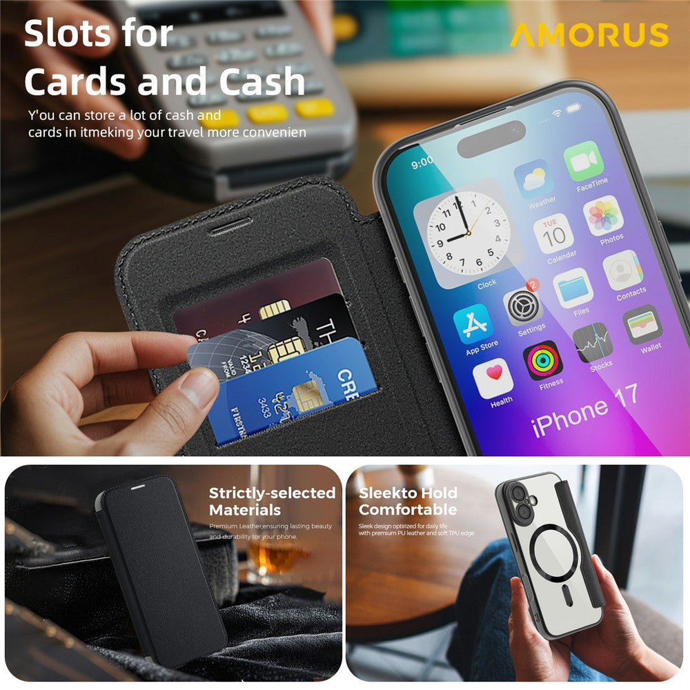 AMORUS-For-iPhone-17-Case-Compatible-with-MagSafe-RFID-Blocking-Card-Holder-Leather-Phone-Cover-Black