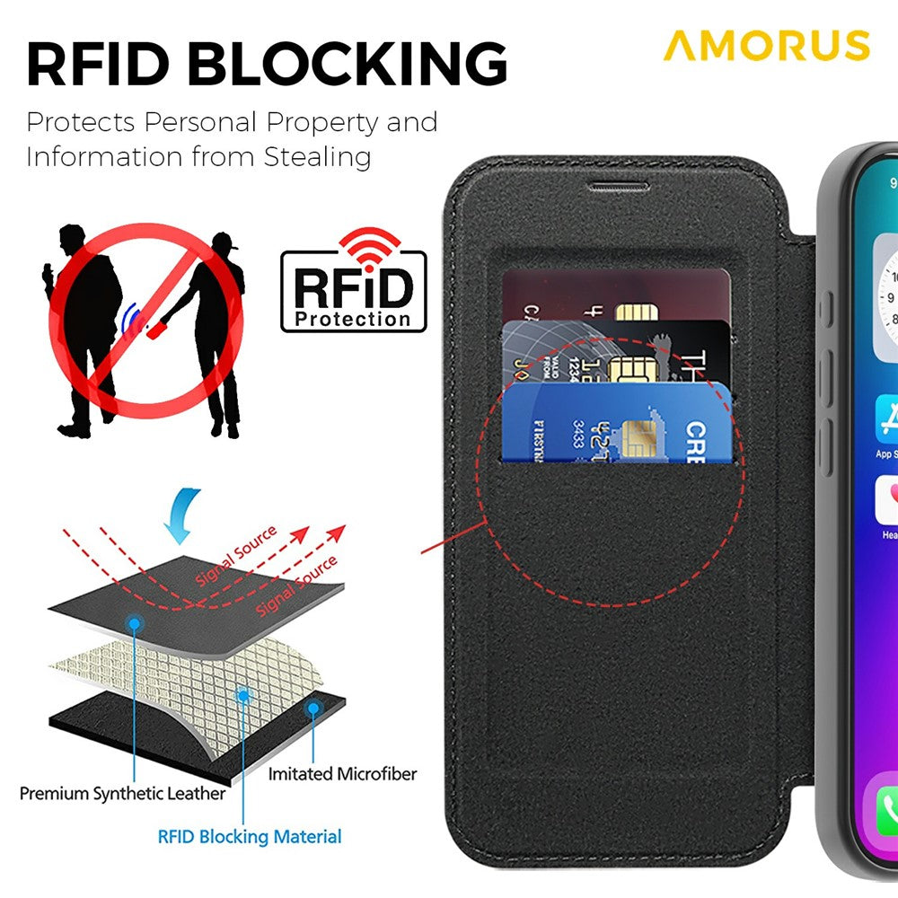 AMORUS-For-iPhone-17-Case-Compatible-with-MagSafe-RFID-Blocking-Card-Holder-Leather-Phone-Cover-Black