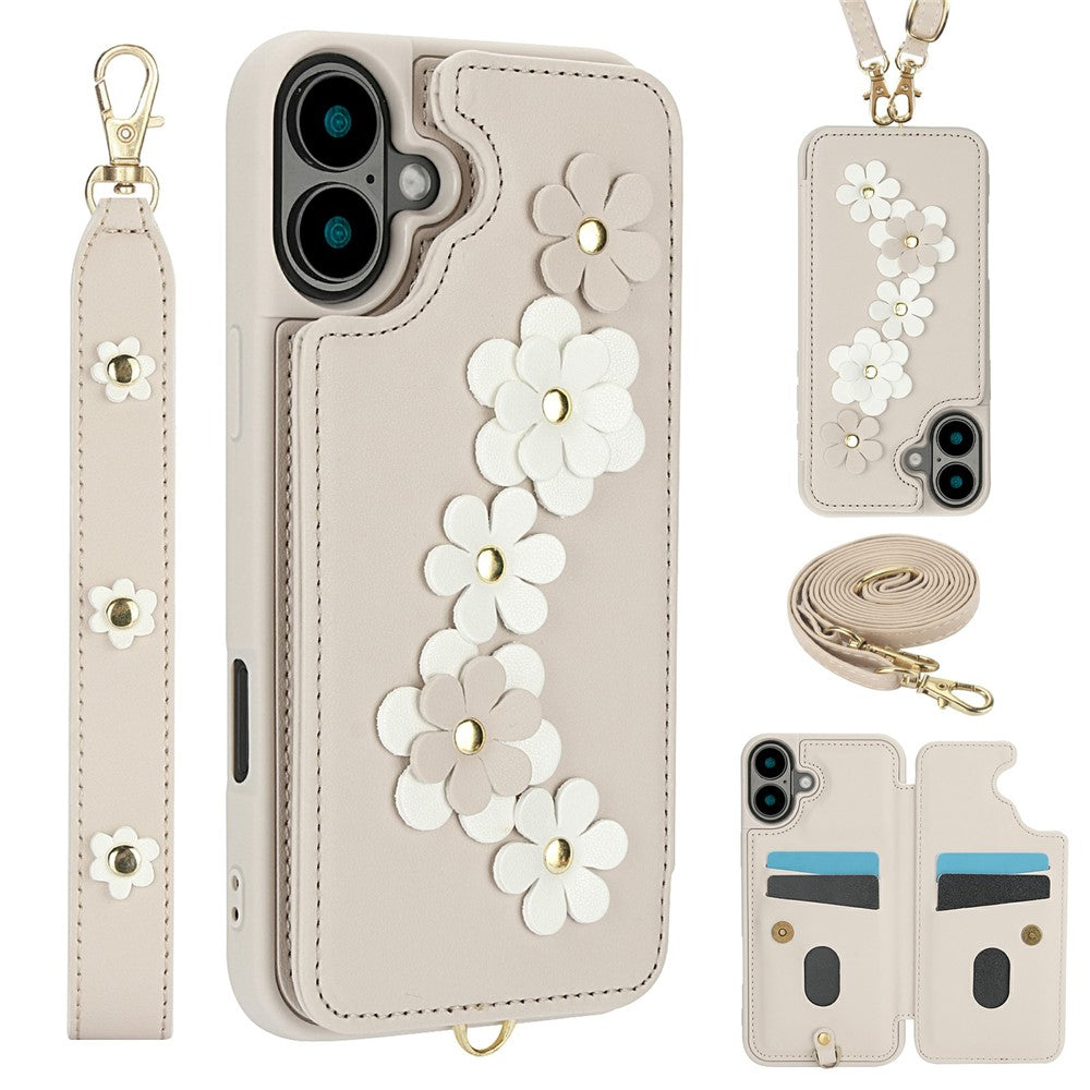 For-iPhone-17-Case-Card-Slots-Leather-Coated-TPU-Flower-Phone-Cover-with-2-Straps-Beige