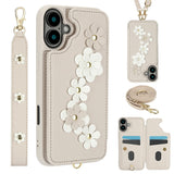 For-iPhone-17-Case-Card-Slots-Leather-Coated-TPU-Flower-Phone-Cover-with-2-Straps-Beige