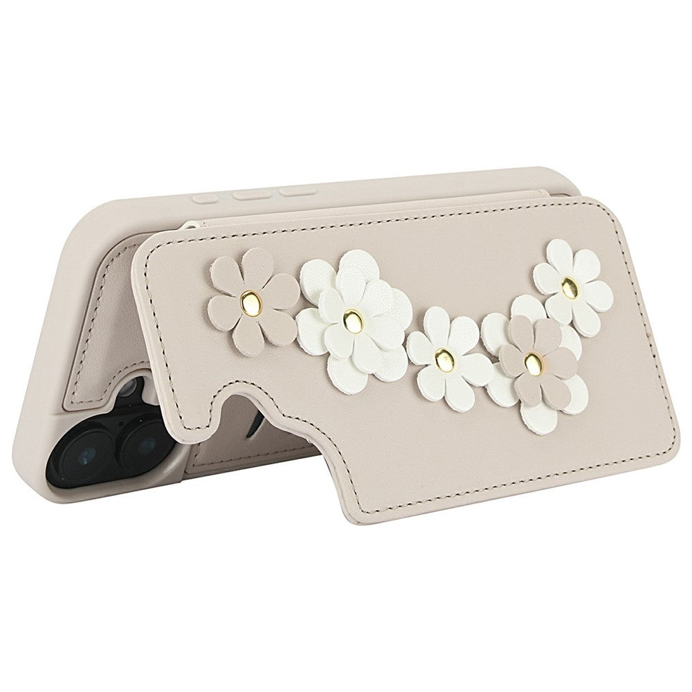 For-iPhone-17-Case-Card-Slots-Leather-Coated-TPU-Flower-Phone-Cover-with-2-Straps-Beige