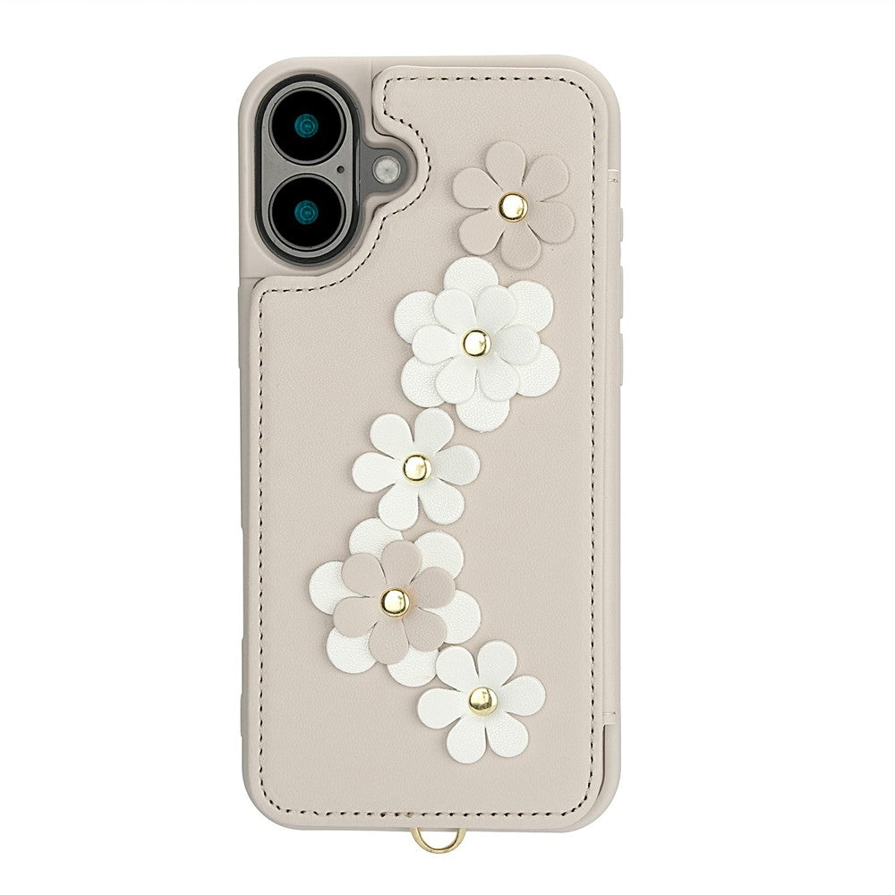 For-iPhone-17-Case-Card-Slots-Leather-Coated-TPU-Flower-Phone-Cover-with-2-Straps-Beige