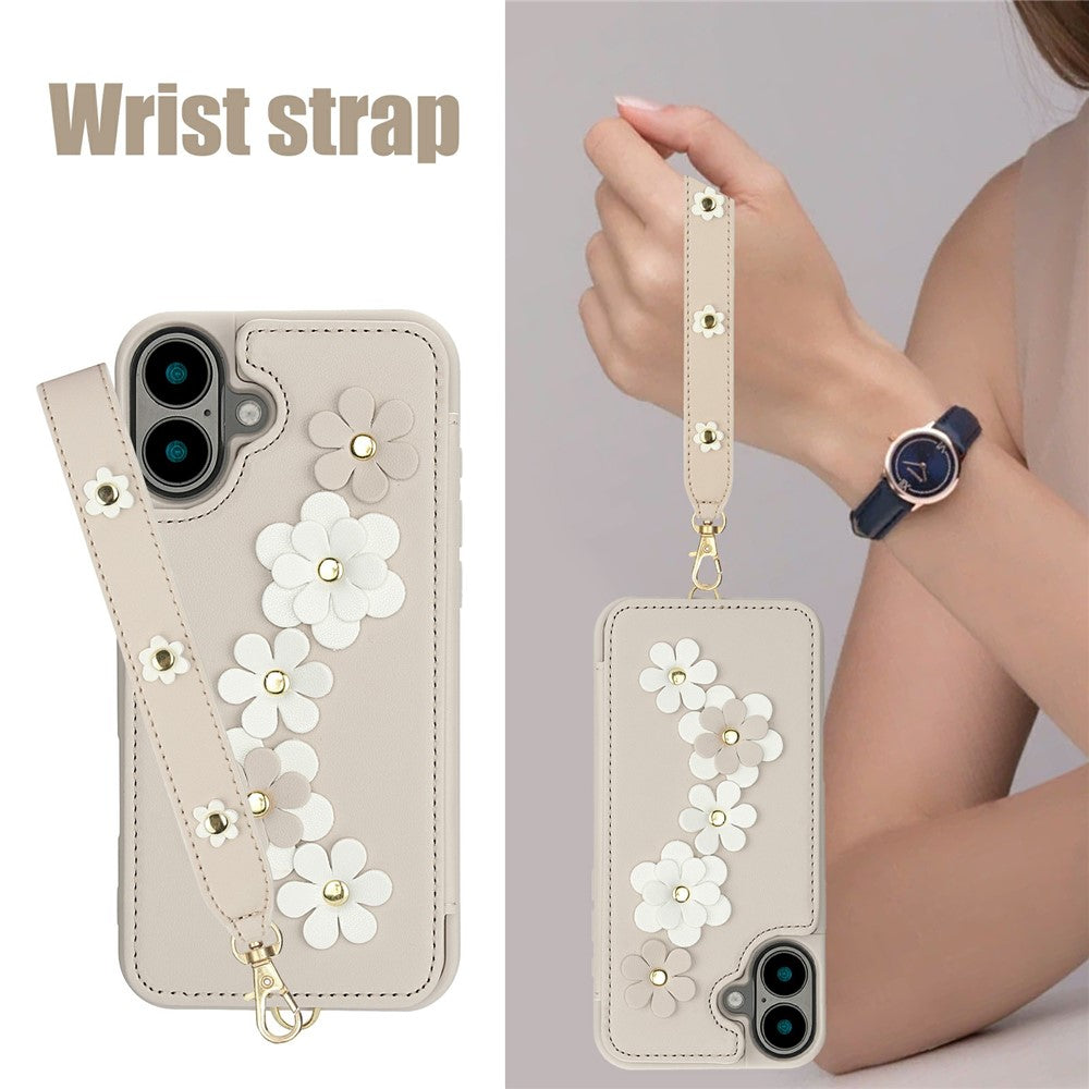 For-iPhone-17-Case-Card-Slots-Leather-Coated-TPU-Flower-Phone-Cover-with-2-Straps-Beige