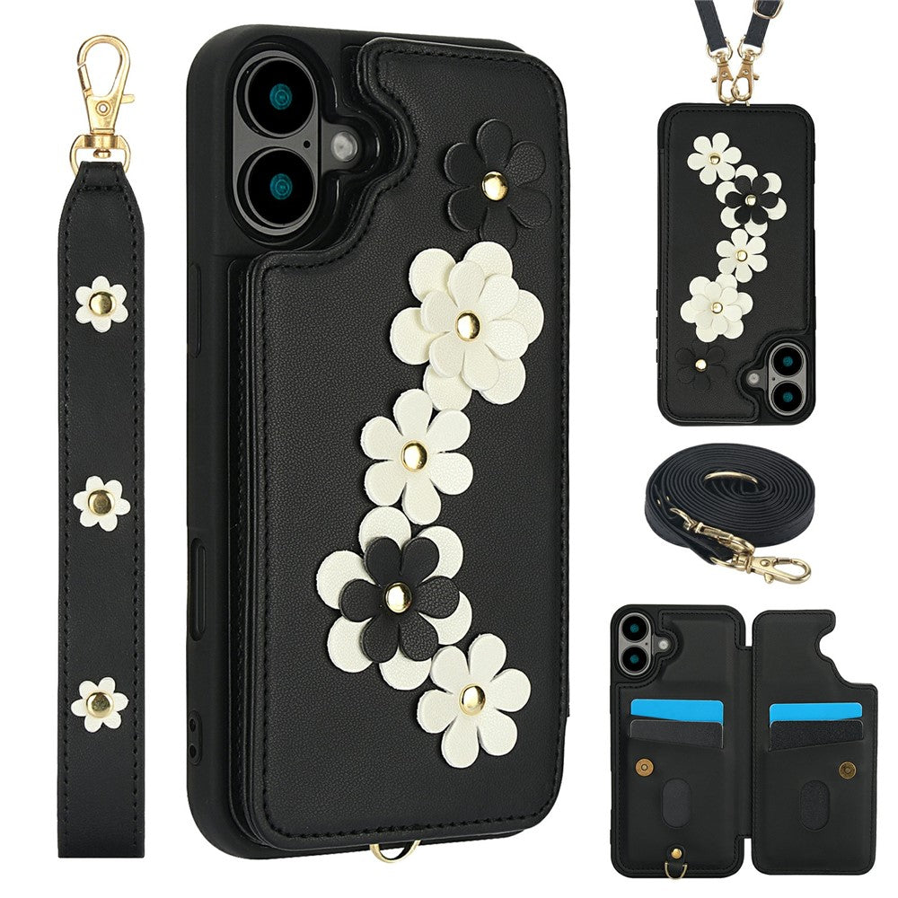 For-iPhone-17-Case-Card-Slots-Leather-Coated-TPU-Flower-Phone-Cover-with-2-Straps-Black