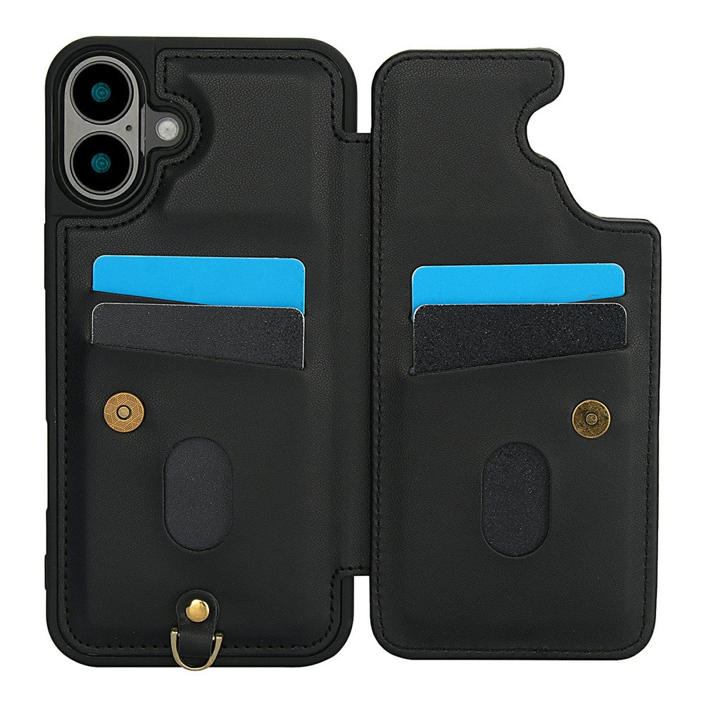 For-iPhone-17-Case-Card-Slots-Leather-Coated-TPU-Flower-Phone-Cover-with-2-Straps-Black