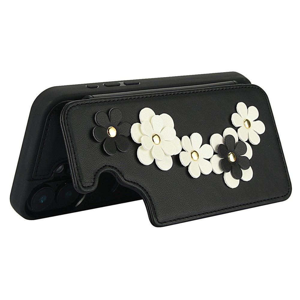 For-iPhone-17-Case-Card-Slots-Leather-Coated-TPU-Flower-Phone-Cover-with-2-Straps-Black
