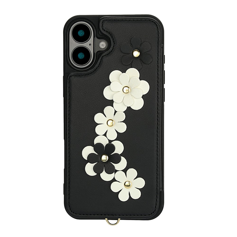For-iPhone-17-Case-Card-Slots-Leather-Coated-TPU-Flower-Phone-Cover-with-2-Straps-Black