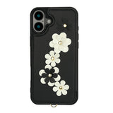 For-iPhone-17-Case-Card-Slots-Leather-Coated-TPU-Flower-Phone-Cover-with-2-Straps-Black