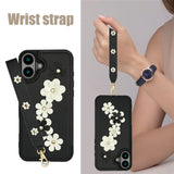 For-iPhone-17-Case-Card-Slots-Leather-Coated-TPU-Flower-Phone-Cover-with-2-Straps-Black