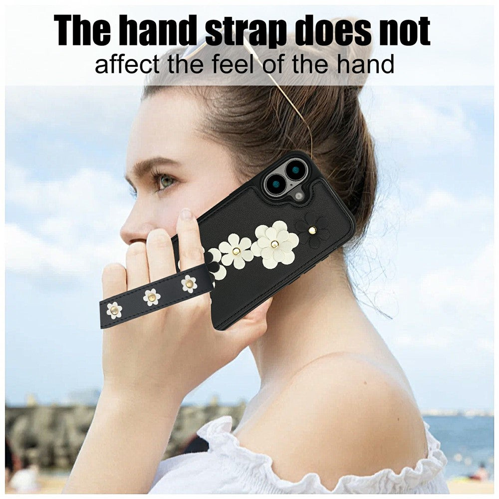 For-iPhone-17-Case-Card-Slots-Leather-Coated-TPU-Flower-Phone-Cover-with-2-Straps-Black