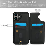 For-iPhone-17-Case-Card-Slots-Leather-Coated-TPU-Flower-Phone-Cover-with-2-Straps-Black