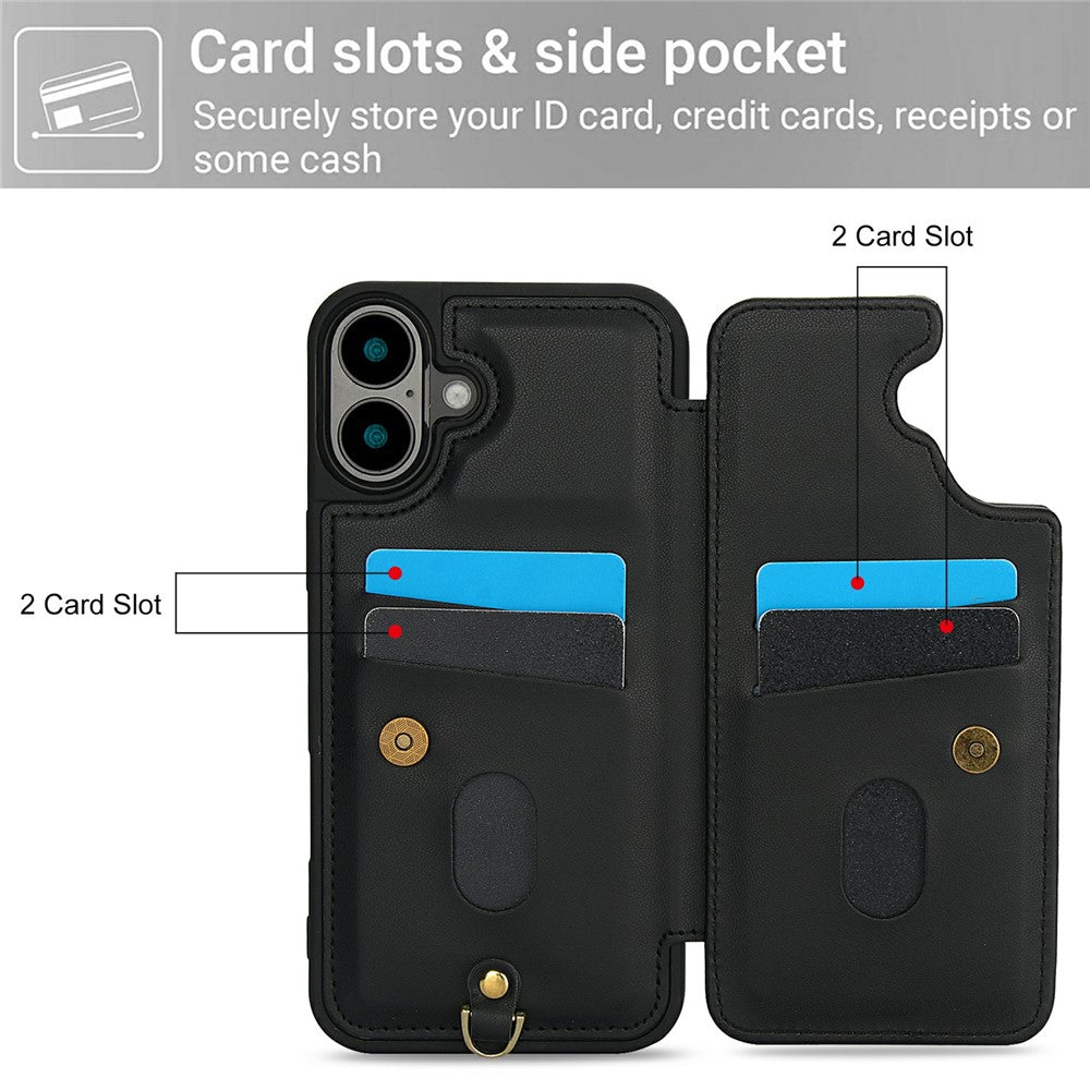 For-iPhone-17-Case-Card-Slots-Leather-Coated-TPU-Flower-Phone-Cover-with-2-Straps-Black