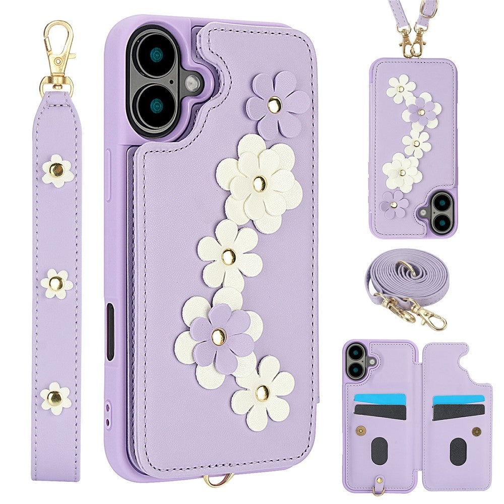 For-iPhone-17-Case-Card-Slots-Leather-Coated-TPU-Flower-Phone-Cover-with-2-Straps-Purple