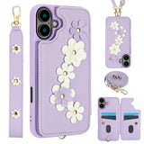 For-iPhone-17-Case-Card-Slots-Leather-Coated-TPU-Flower-Phone-Cover-with-2-Straps-Purple