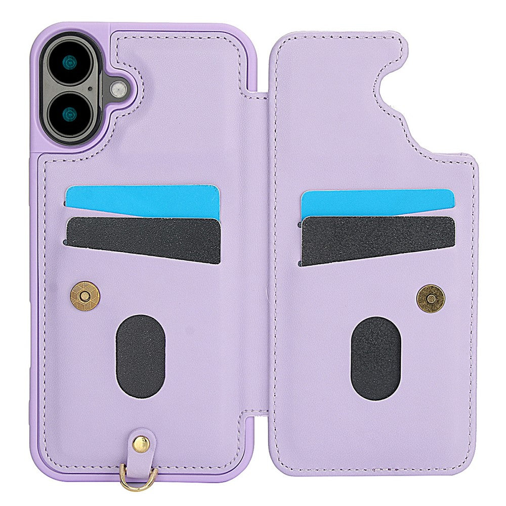 For-iPhone-17-Case-Card-Slots-Leather-Coated-TPU-Flower-Phone-Cover-with-2-Straps-Purple
