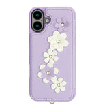 For-iPhone-17-Case-Card-Slots-Leather-Coated-TPU-Flower-Phone-Cover-with-2-Straps-Purple