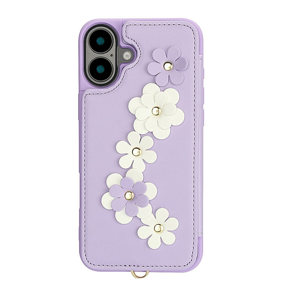 For-iPhone-17-Case-Card-Slots-Leather-Coated-TPU-Flower-Phone-Cover-with-2-Straps-Purple