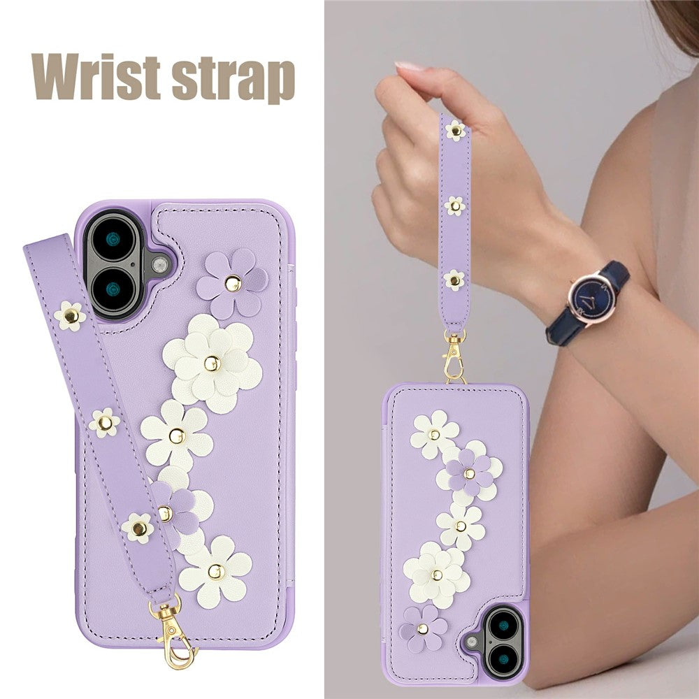 For-iPhone-17-Case-Card-Slots-Leather-Coated-TPU-Flower-Phone-Cover-with-2-Straps-Purple
