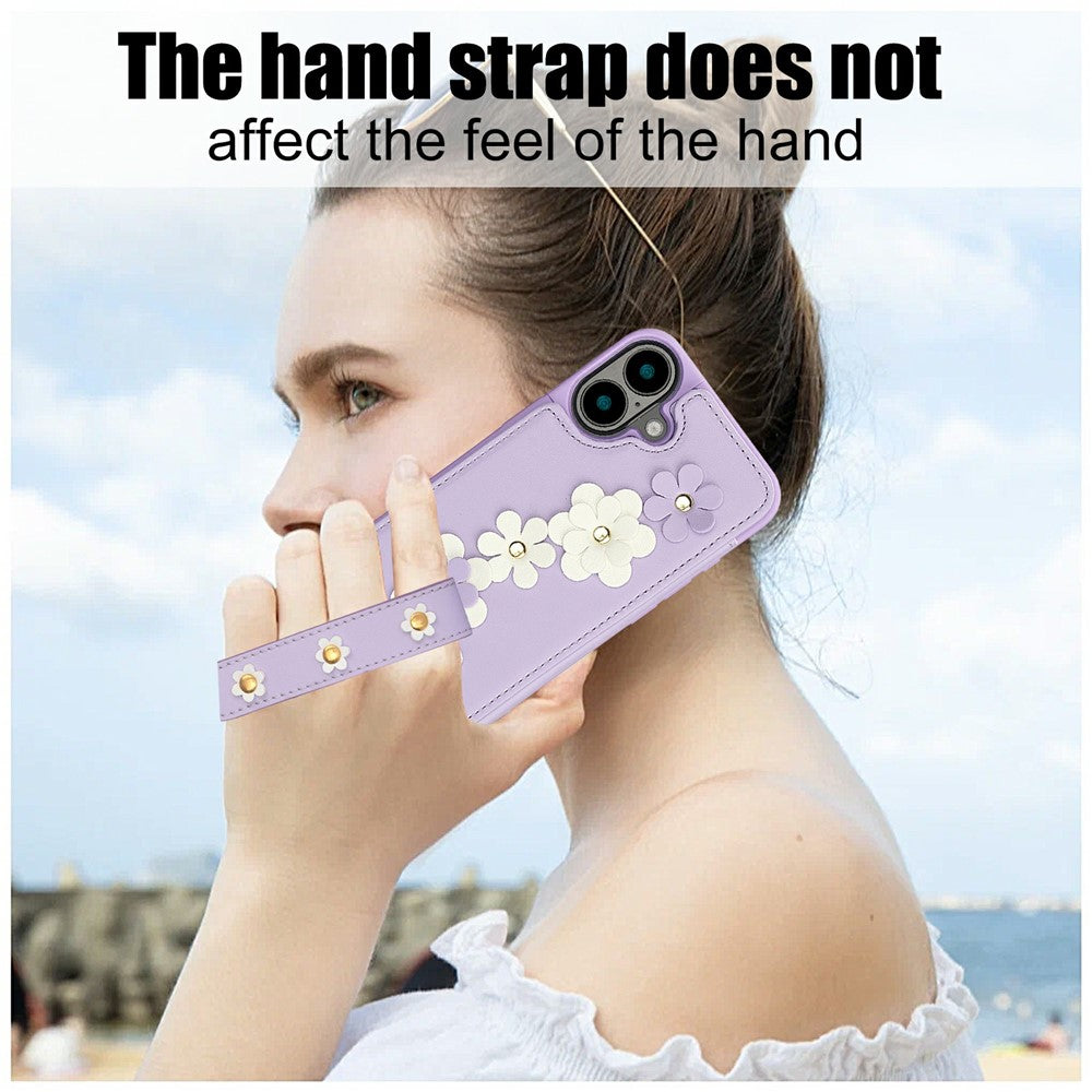 For-iPhone-17-Case-Card-Slots-Leather-Coated-TPU-Flower-Phone-Cover-with-2-Straps-Purple