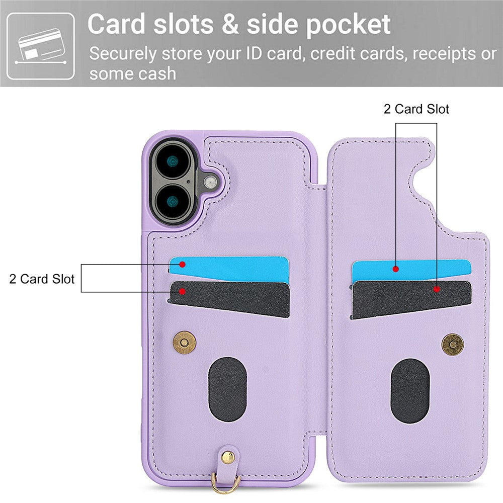 For-iPhone-17-Case-Card-Slots-Leather-Coated-TPU-Flower-Phone-Cover-with-2-Straps-Purple