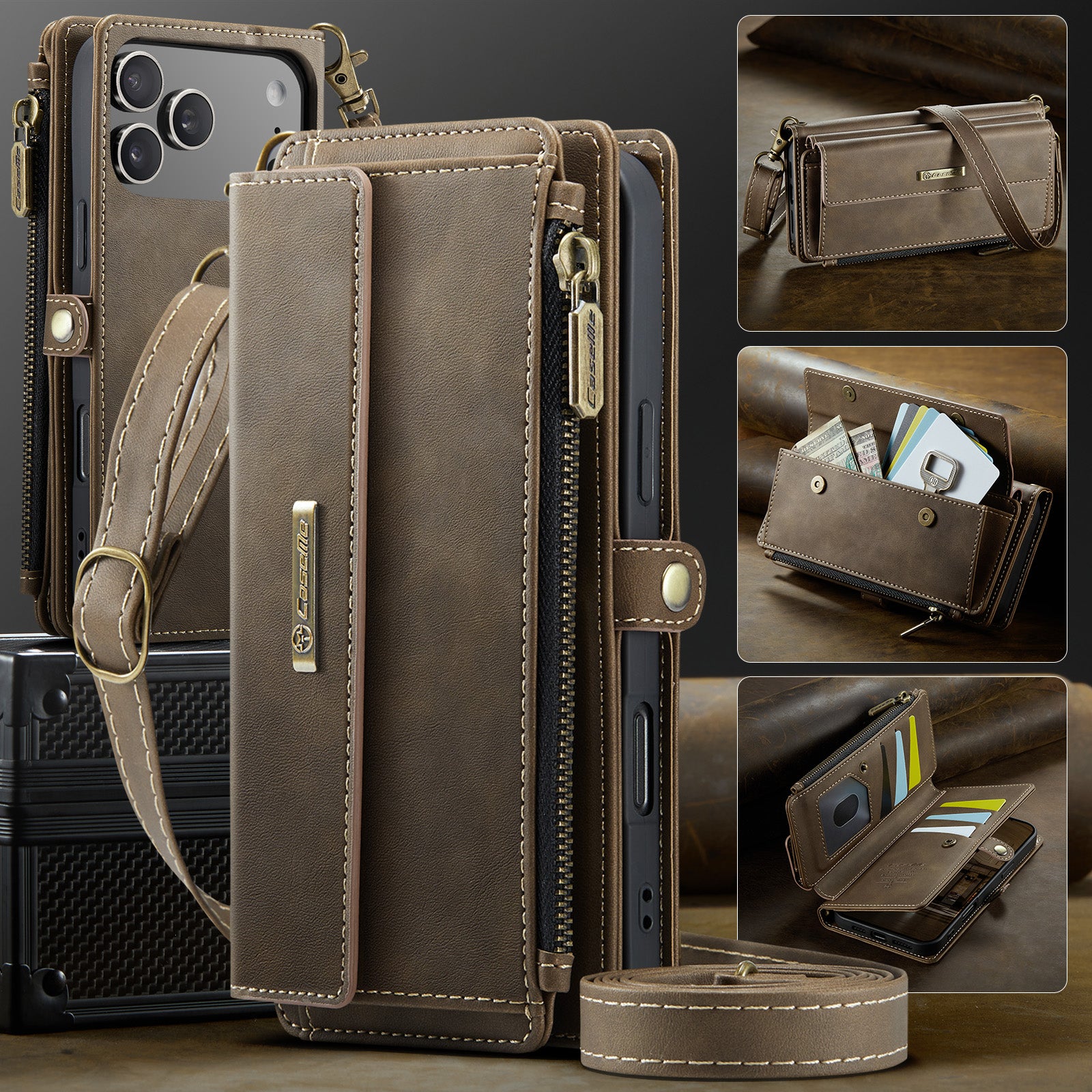 For-iPhone-17-Pro-Case-CASEME-C39-RFID-Blocking-Zipper-Wallet-Stand-Leather-Cover-with-Strap-Brown