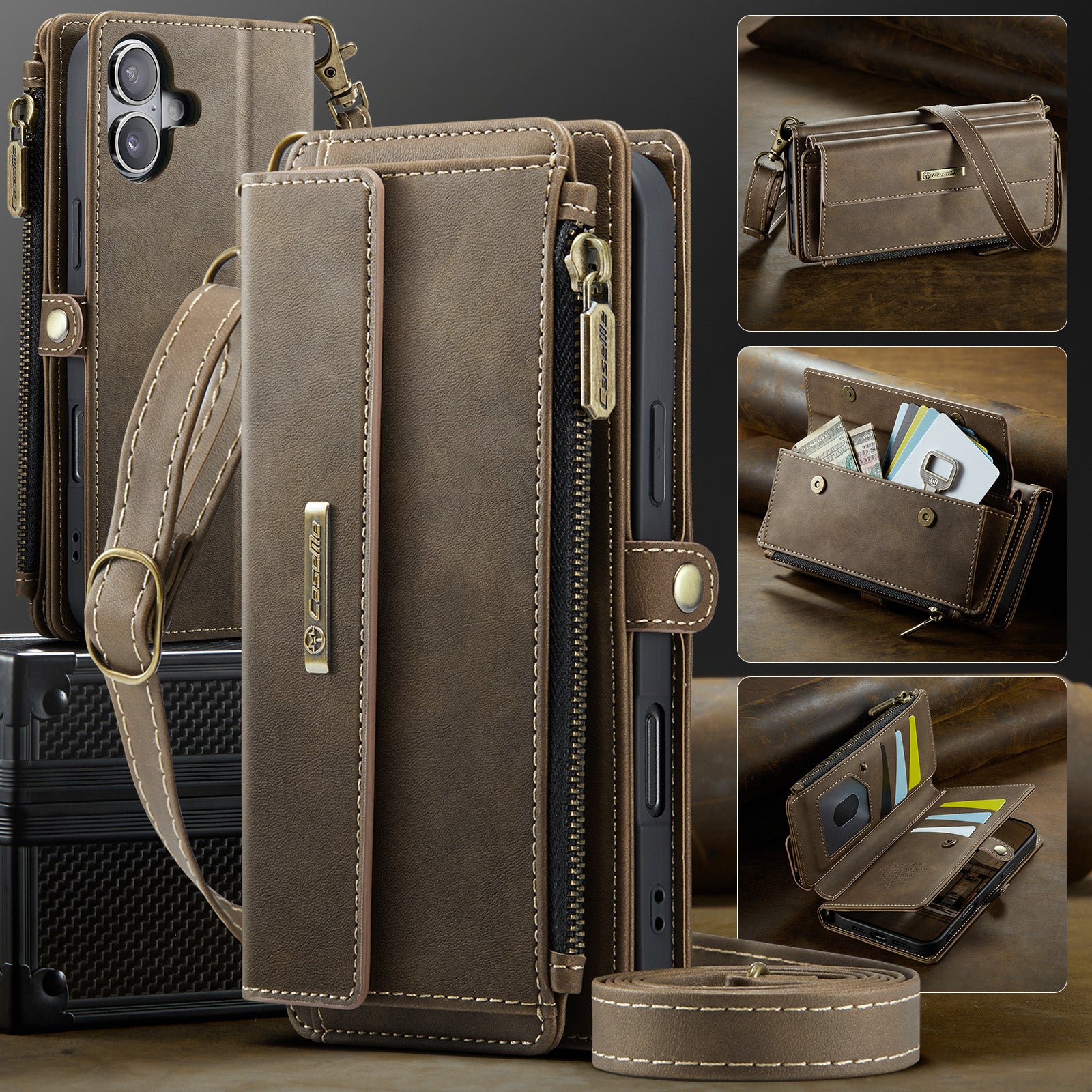 For-iPhone-17-Case-CASEME-C39-RFID-Blocking-Zipper-Wallet-Stand-Leather-Cover-with-Strap-Brown