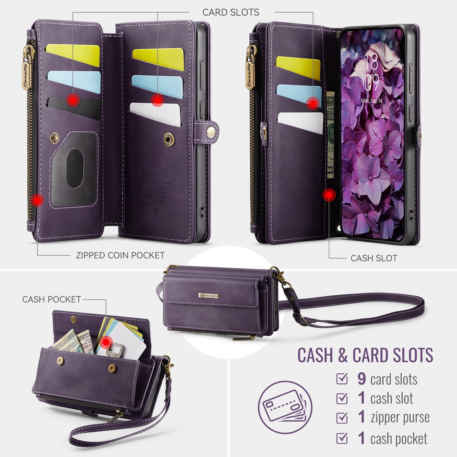 For-Samsung-Galaxy-S25-FE-Case-CASEME-C39-RFID-Blocking-Zipper-Wallet-Stand-Leather-Cover-with-Strap-Purple