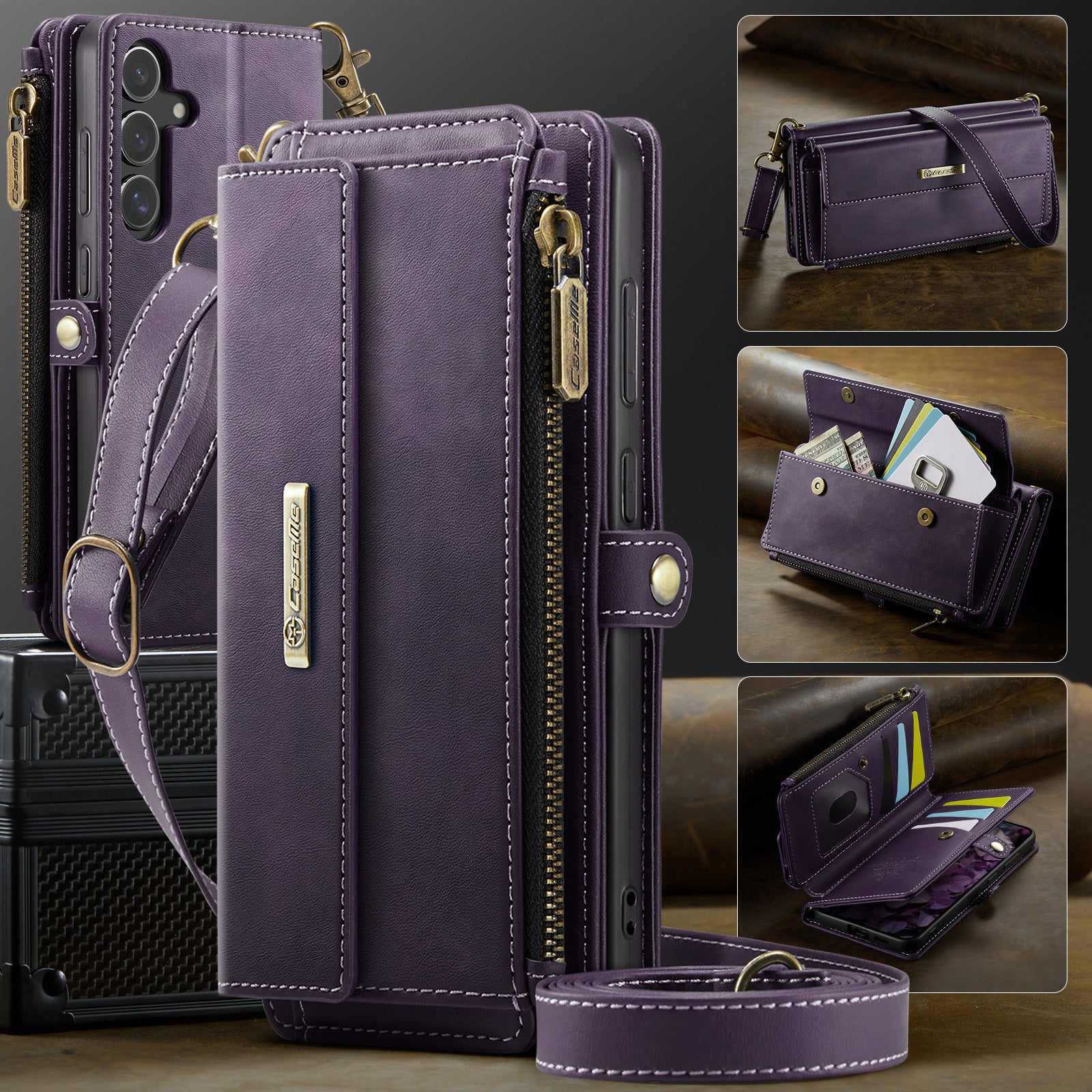 For-Samsung-Galaxy-S25-FE-Case-CASEME-C39-RFID-Blocking-Zipper-Wallet-Stand-Leather-Cover-with-Strap-Purple