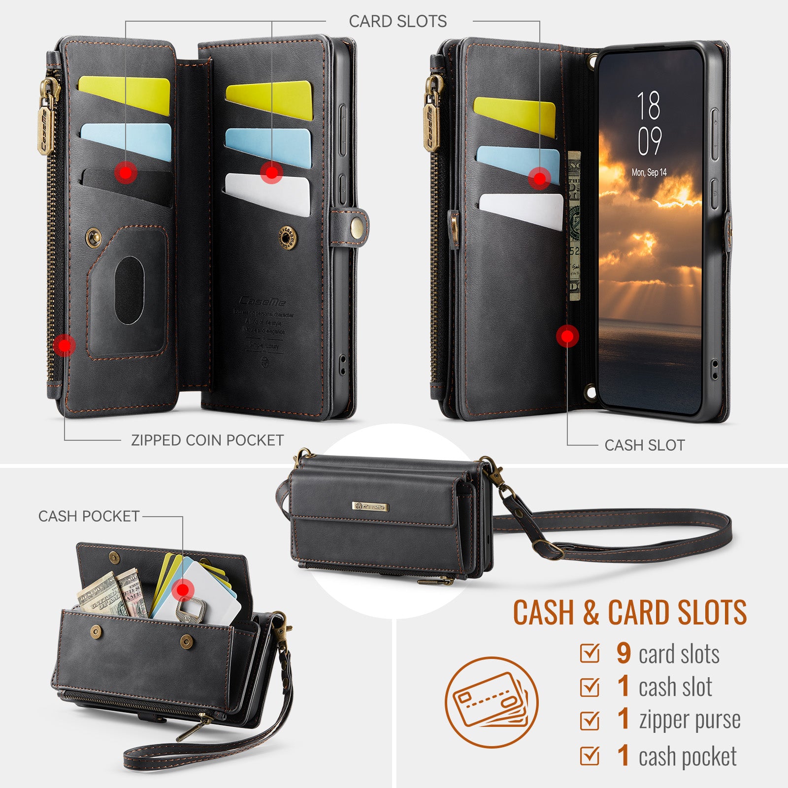 For-Samsung-Galaxy-S25-FE-Case-CASEME-C39-RFID-Blocking-Zipper-Wallet-Stand-Leather-Cover-with-Strap-Black