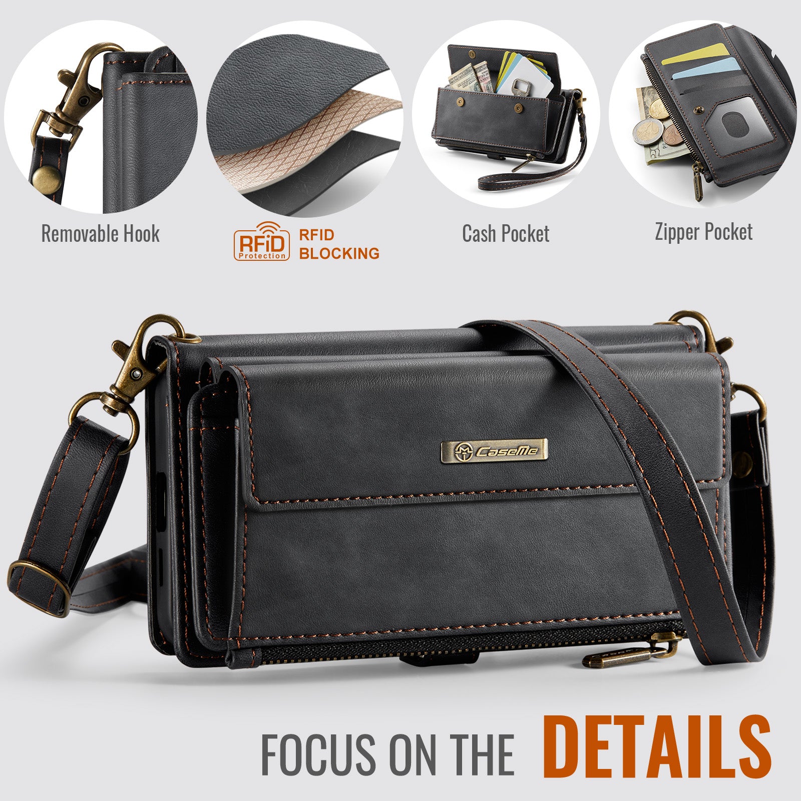 For-Samsung-Galaxy-S25-FE-Case-CASEME-C39-RFID-Blocking-Zipper-Wallet-Stand-Leather-Cover-with-Strap-Black