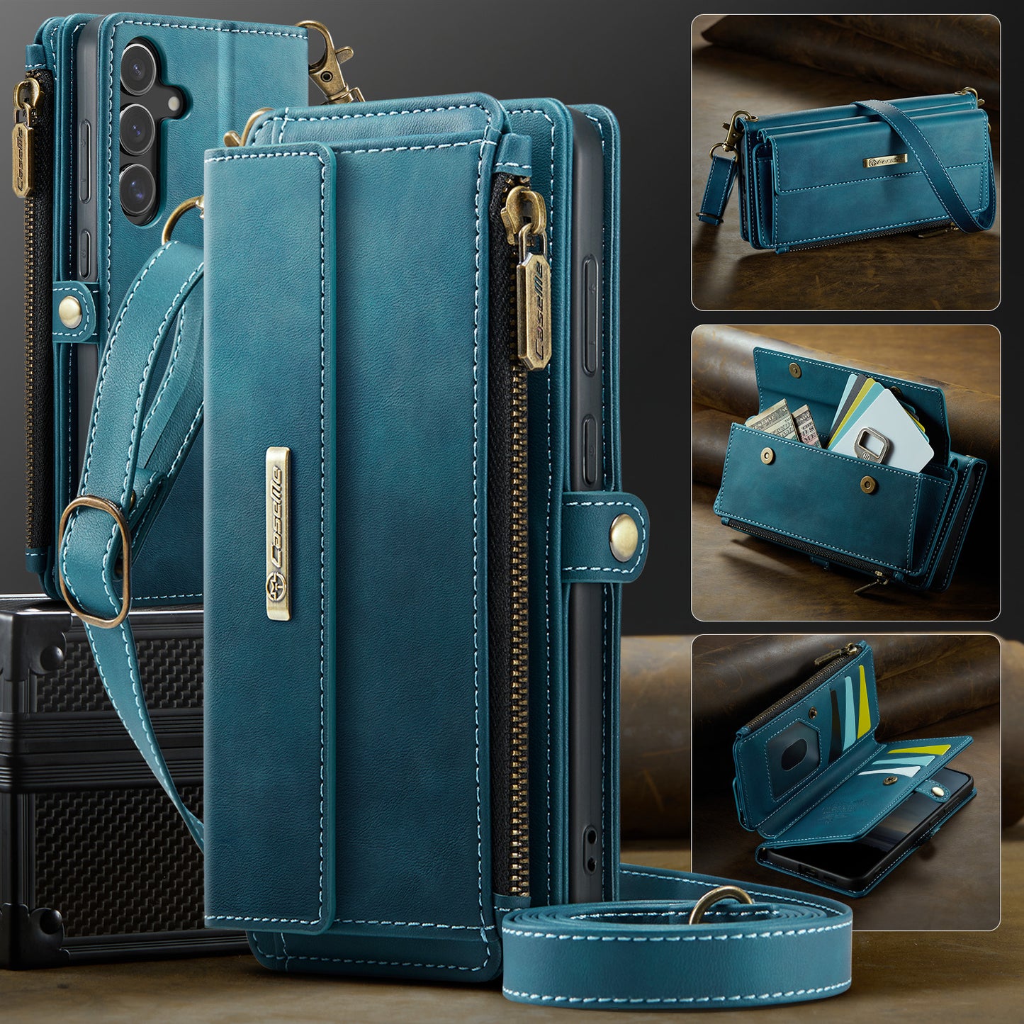 For-Samsung-Galaxy-S25-FE-Case-CASEME-C39-RFID-Blocking-Zipper-Wallet-Stand-Leather-Cover-with-Strap-Green