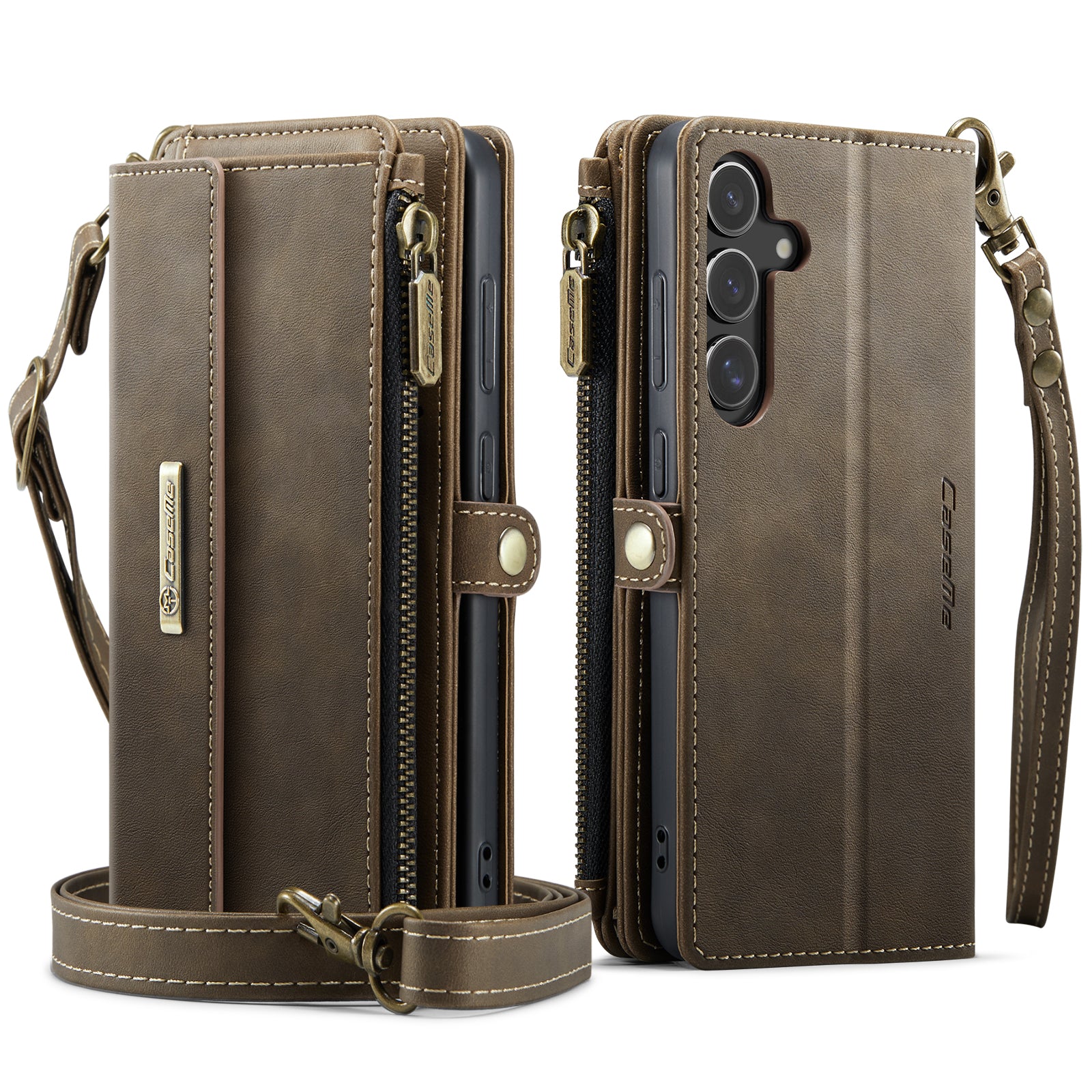For-Samsung-Galaxy-S25-FE-Case-CASEME-C39-RFID-Blocking-Zipper-Wallet-Stand-Leather-Cover-with-Strap-Brown