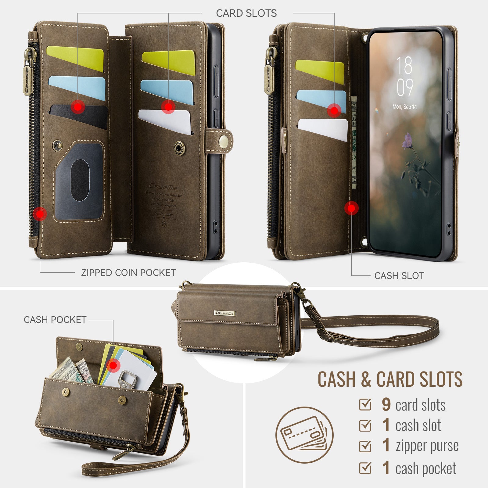 For-Samsung-Galaxy-S25-FE-Case-CASEME-C39-RFID-Blocking-Zipper-Wallet-Stand-Leather-Cover-with-Strap-Brown