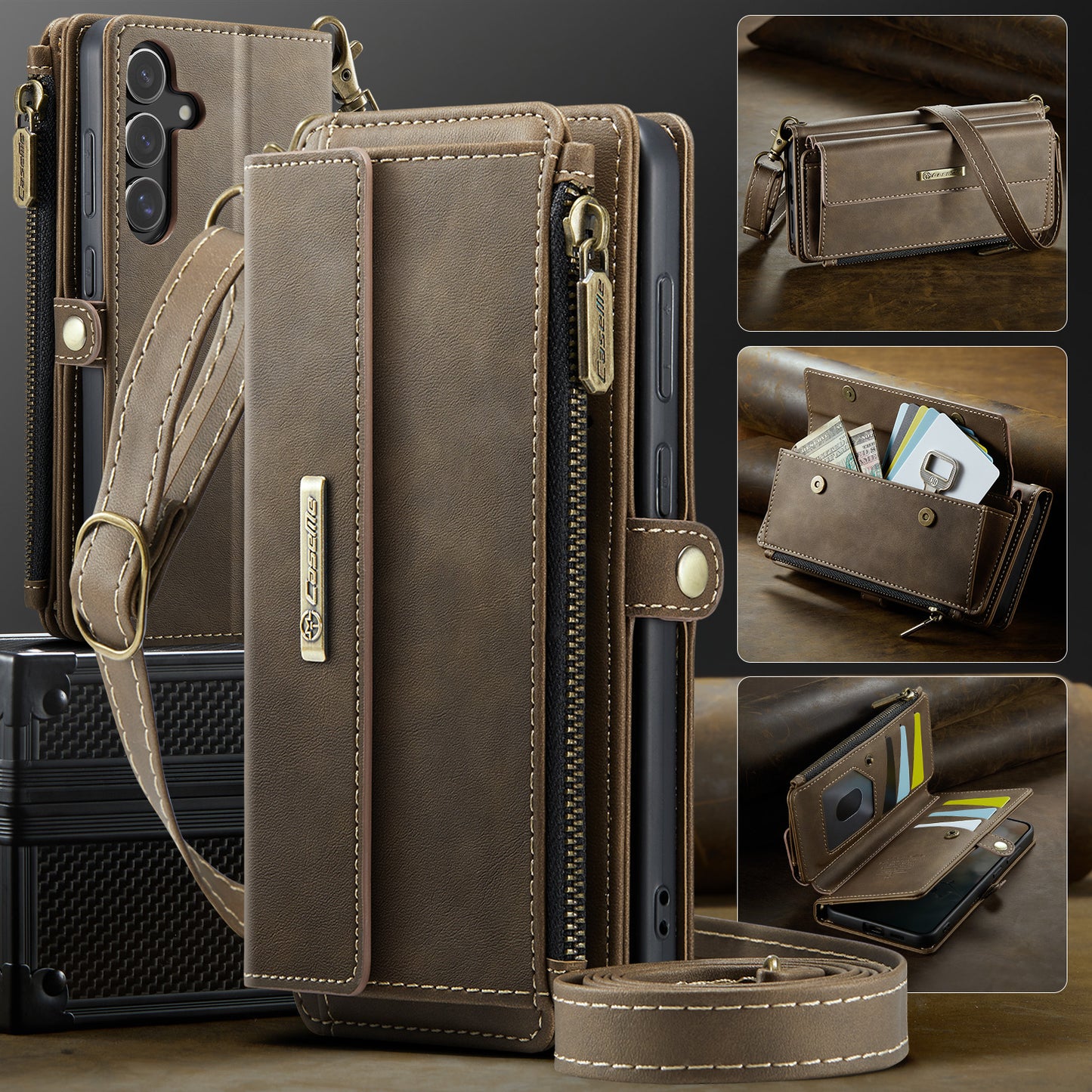 For-Samsung-Galaxy-S25-FE-Case-CASEME-C39-RFID-Blocking-Zipper-Wallet-Stand-Leather-Cover-with-Strap-Brown