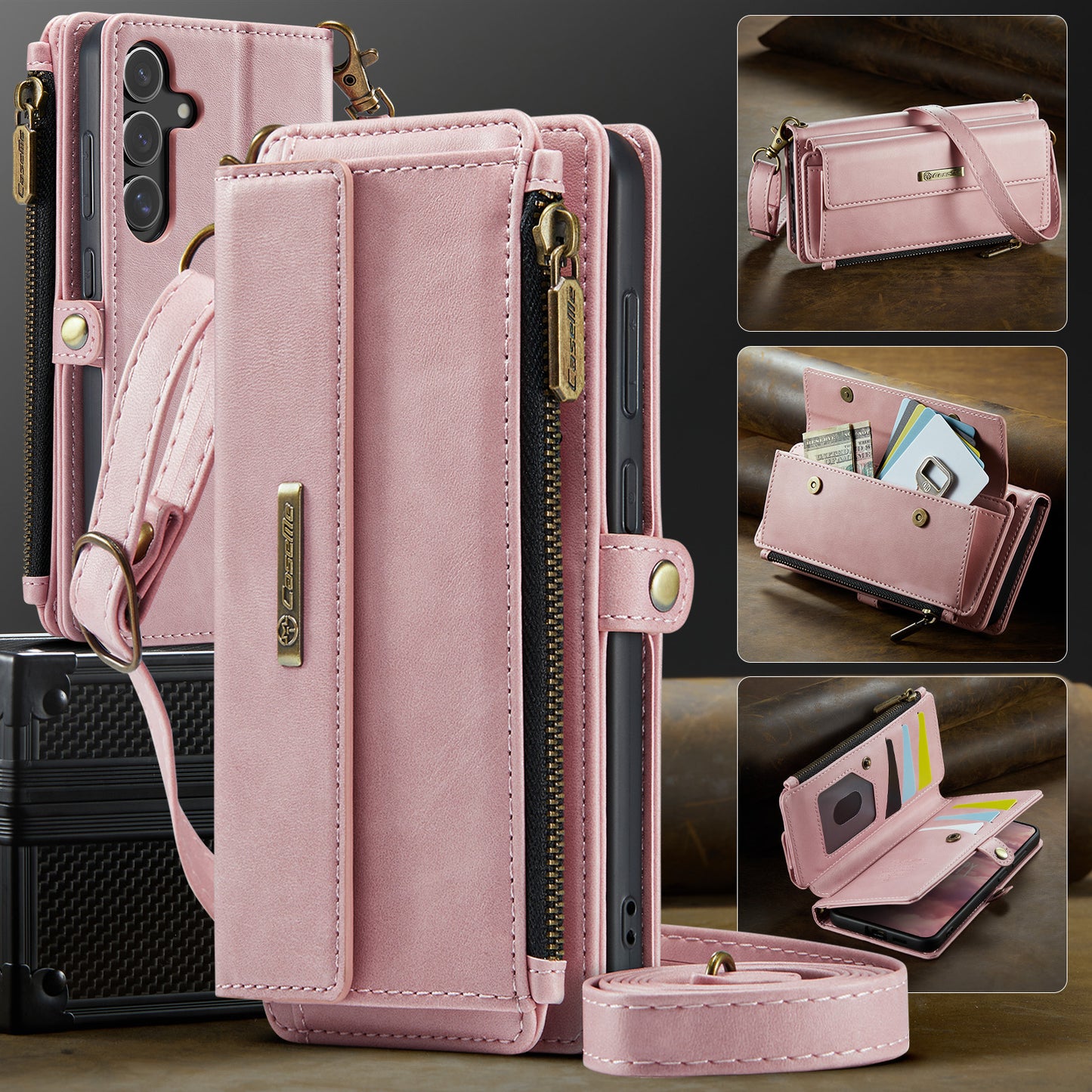 For-Samsung-Galaxy-S25-FE-Case-CASEME-C39-RFID-Blocking-Zipper-Wallet-Stand-Leather-Cover-with-Strap-Pink