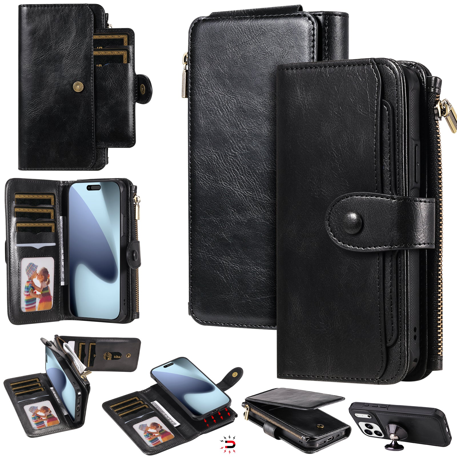 For-iPhone-17-Pro-Max-Phone-Case-PU-Leather-Zipper-Wallet-Detachable-Cover-Black