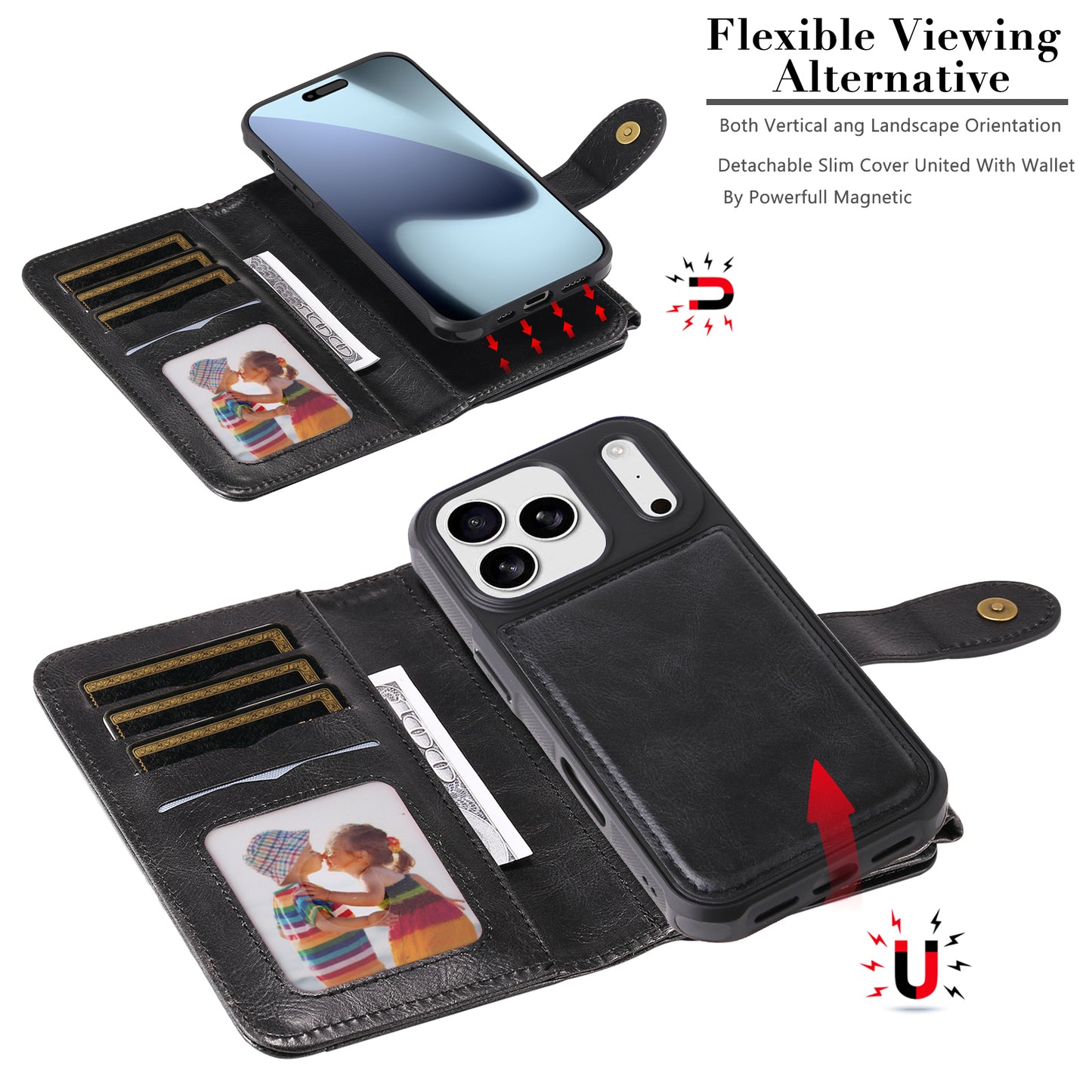 For-iPhone-17-Pro-Max-Phone-Case-PU-Leather-Zipper-Wallet-Detachable-Cover-Black