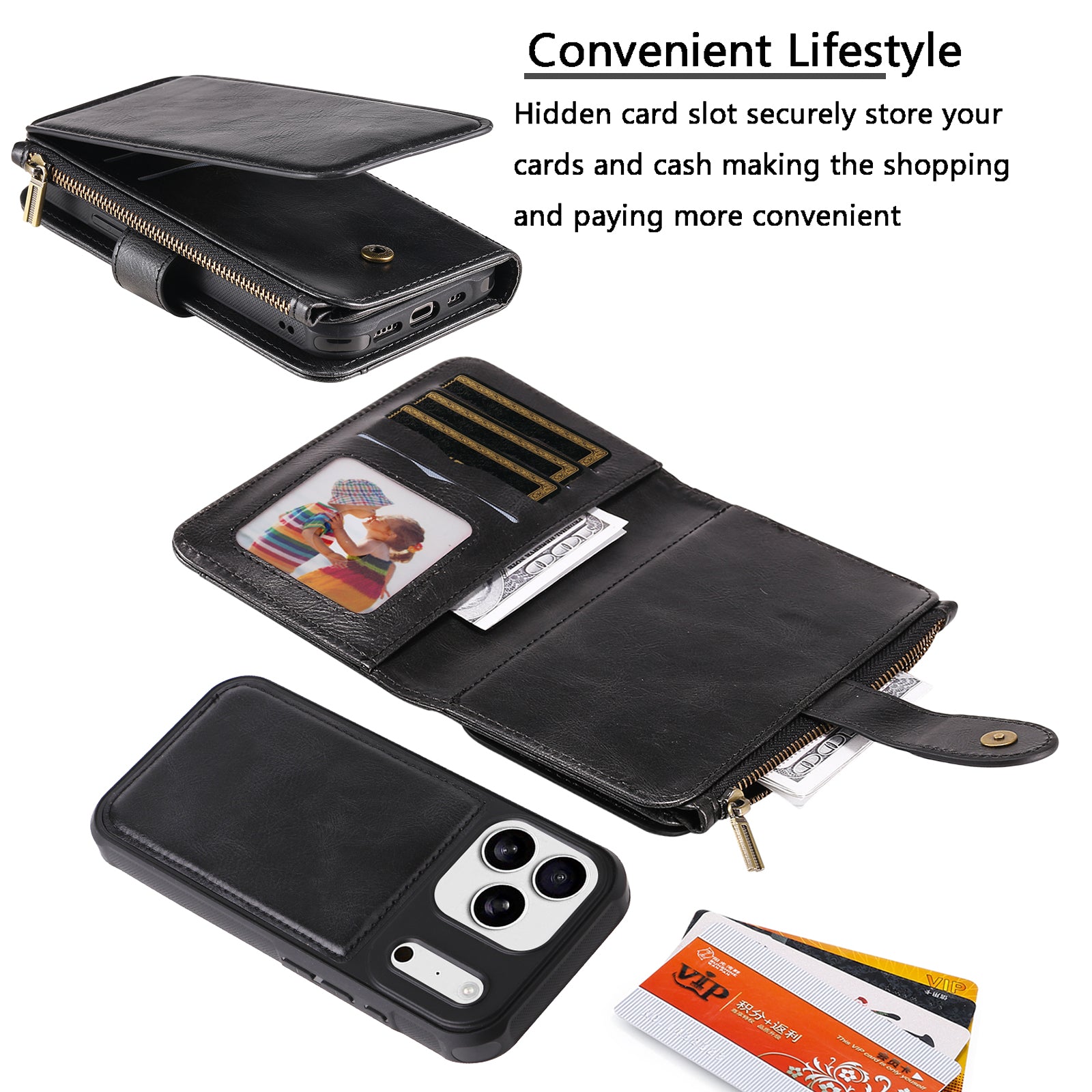 For-iPhone-17-Pro-Max-Phone-Case-PU-Leather-Zipper-Wallet-Detachable-Cover-Black
