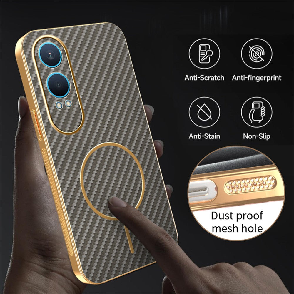 For-OnePlus-Nord-CE4-Lite-5G-Phone-Case-Carbon-Fiber-Textured-Electroplated-TPU-Back-Cover-Coffee