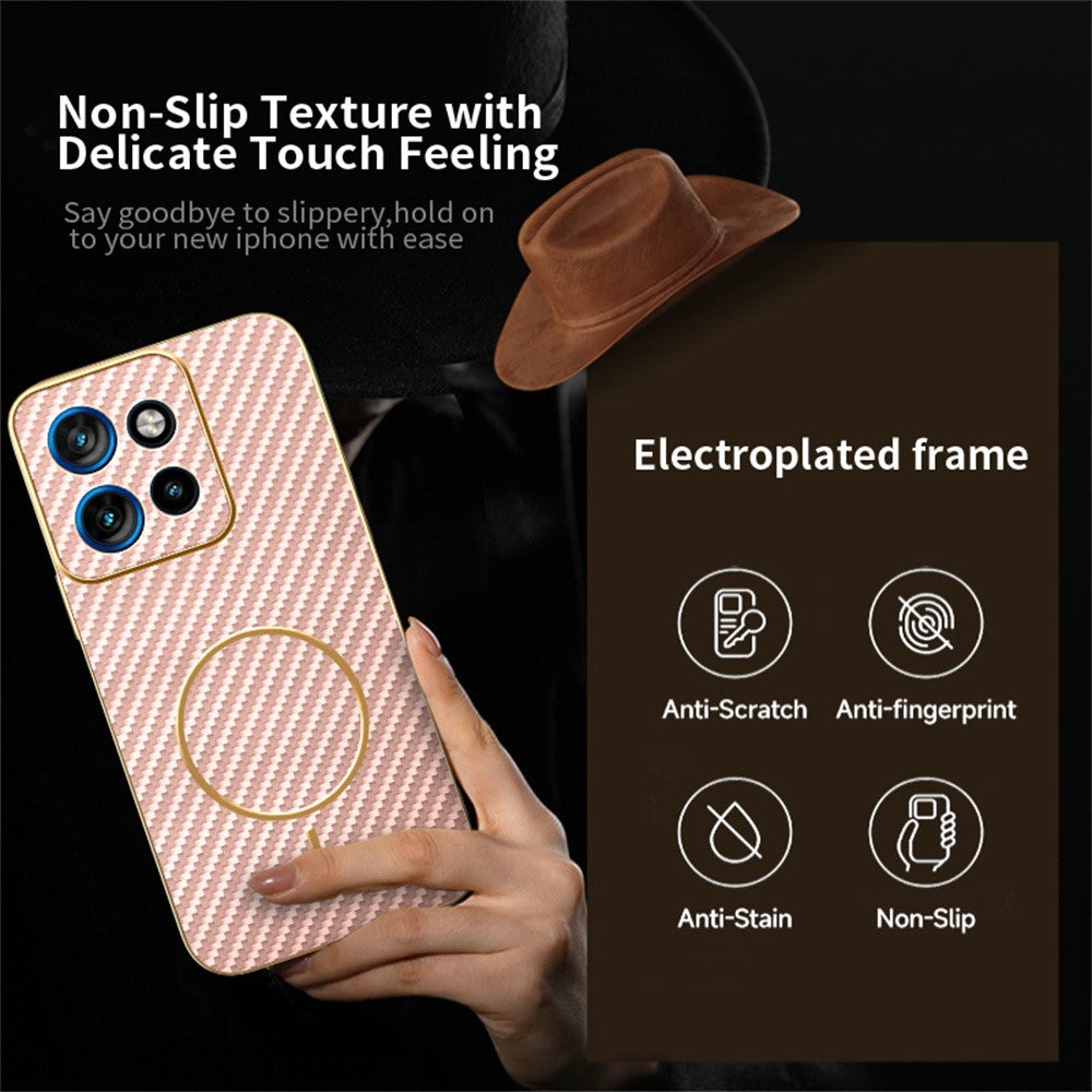 For-Motorola-Edge-50-Neo-5G-Phone-Case-Carbon-Fiber-Textured-Electroplated-TPU-Back-Cover-Pink