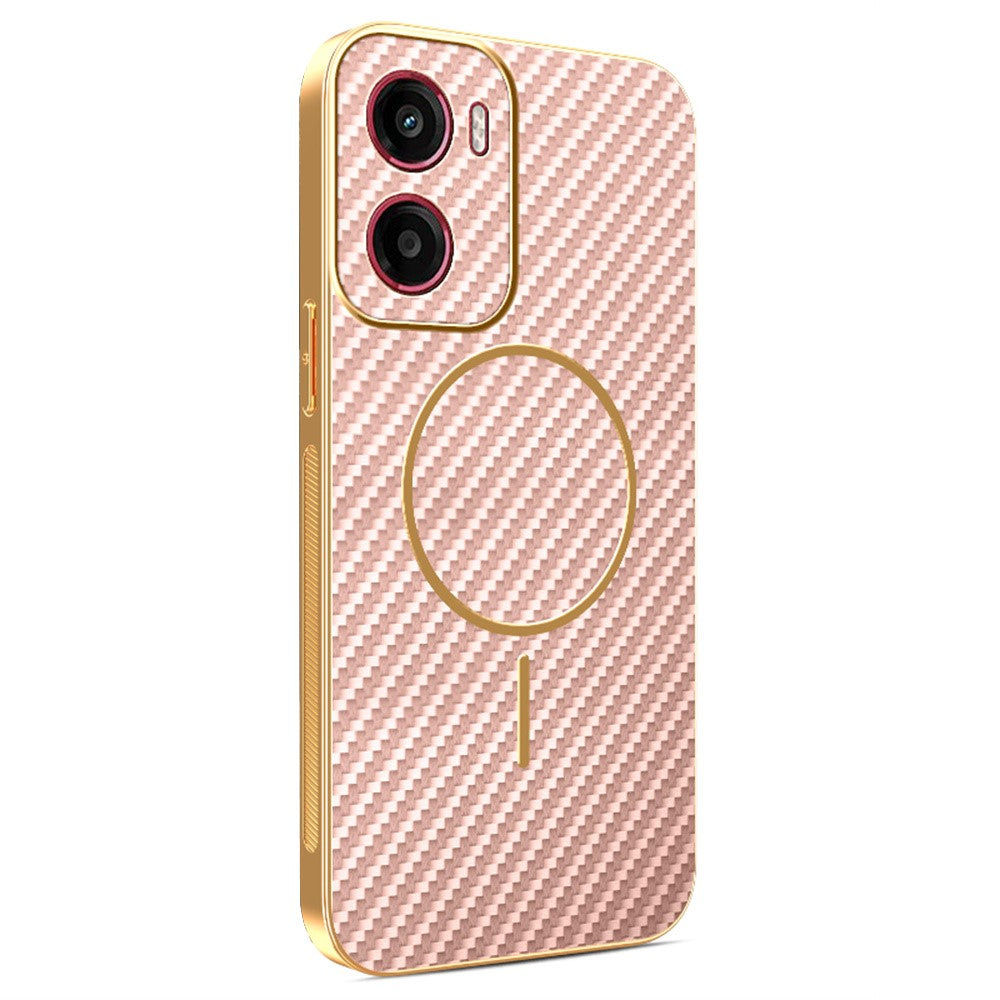 For-Motorola-Moto-G05-4G-/-E15-4G-Phone-Case-Carbon-Fiber-Textured-Electroplated-TPU-Back-Cover-Pink