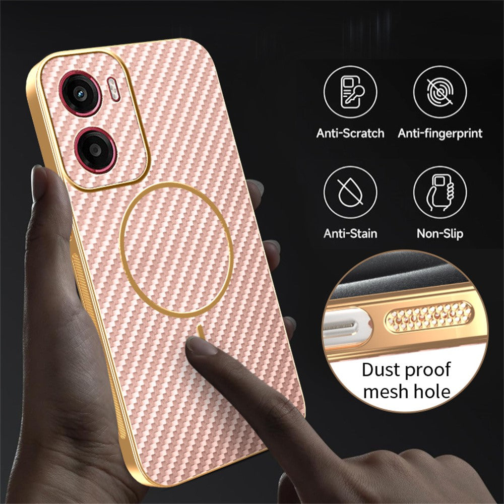 For-Motorola-Moto-G05-4G-/-E15-4G-Phone-Case-Carbon-Fiber-Textured-Electroplated-TPU-Back-Cover-Pink